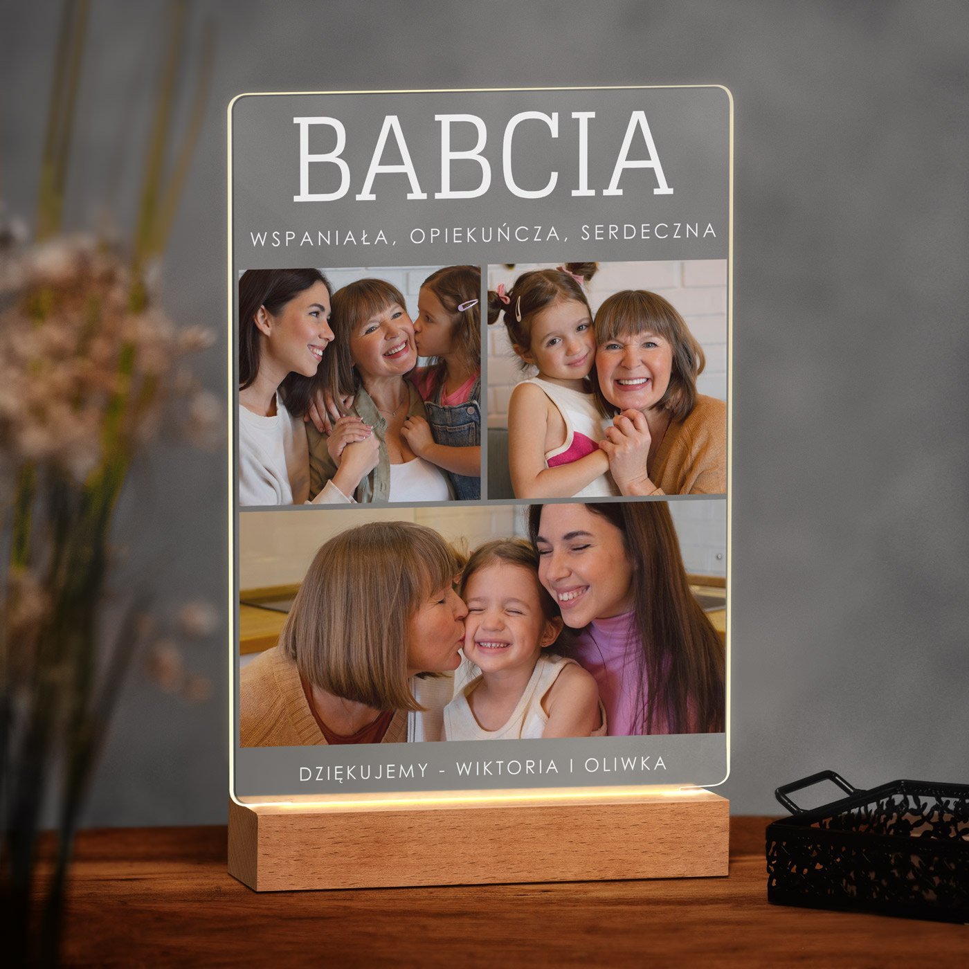 Lampka ramka XL z wydrukiem na szkle akrylowym i podwietleniem LED dla babci na Dzie Babci