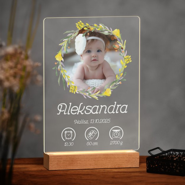 Lampka ramka XL z wydrukiem na szkle akrylowym i podświetleniem LED dla dziewczynki z okazji narodzin