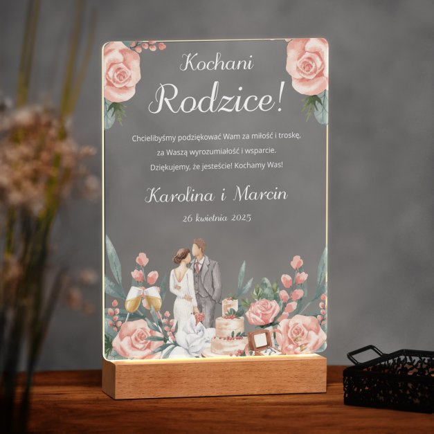 Lampka ramka XL z wydrukiem na szkle akrylowym i podświetleniem LED dla rodziców jako podziękowanie ślubne