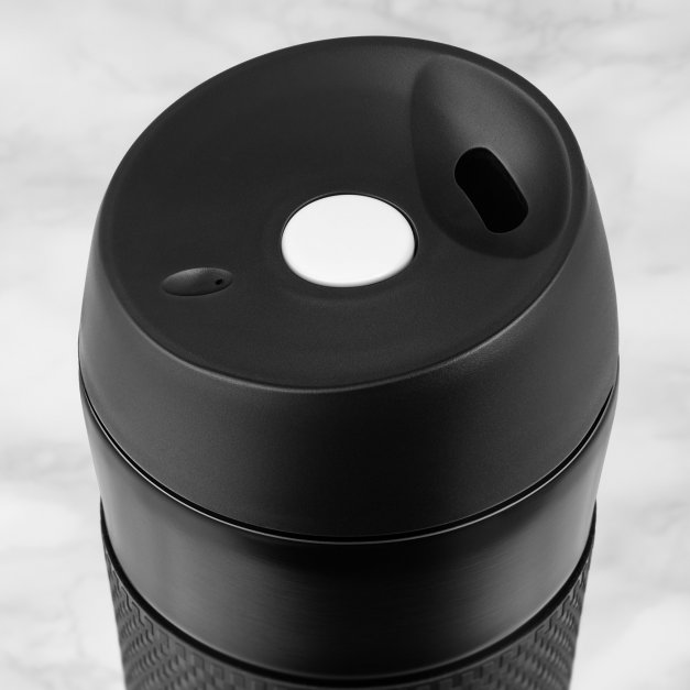 Czarny kubek termiczny z powłoką antypoślizgową i grawerem dla niej na imieniny