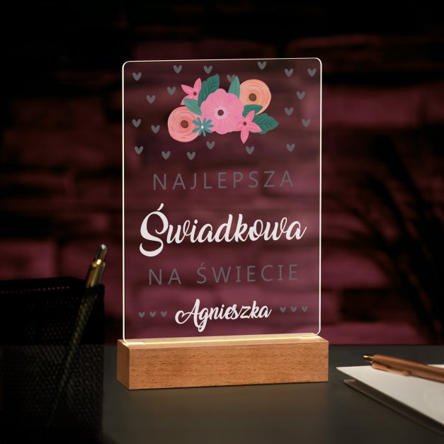 Lampka ramka L z wydrukiem na szkle akrylowym i podświetleniem LED dla świadkowej jako podziękowanie ślubne