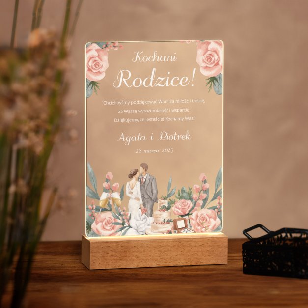 Lampka ramka L z wydrukiem na szkle akrylowym i podświetleniem LED dla rodziców jako podziękowanie ślubne