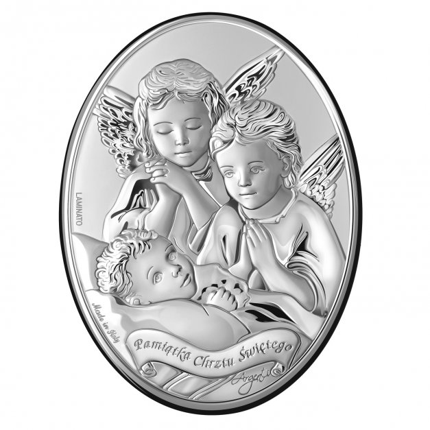 Obrazek srebrny z grawerem owalny dla dziecka na chrzest