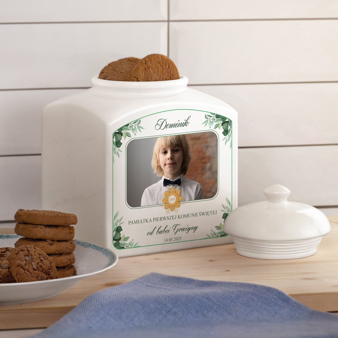 Soik ceramiczny na ciastka z Twoim zdjciem dla chopca na komuni
