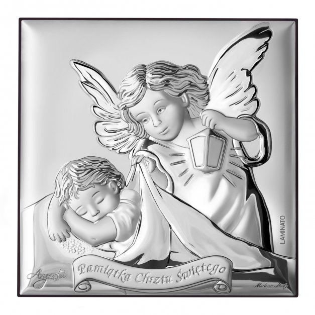 Obrazek srebrny z grawerem kwadratowy dla dziecka na chrzest
