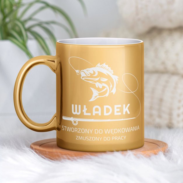Kubek ceramiczny złoty z grawerem dla wędkarza na imieniny