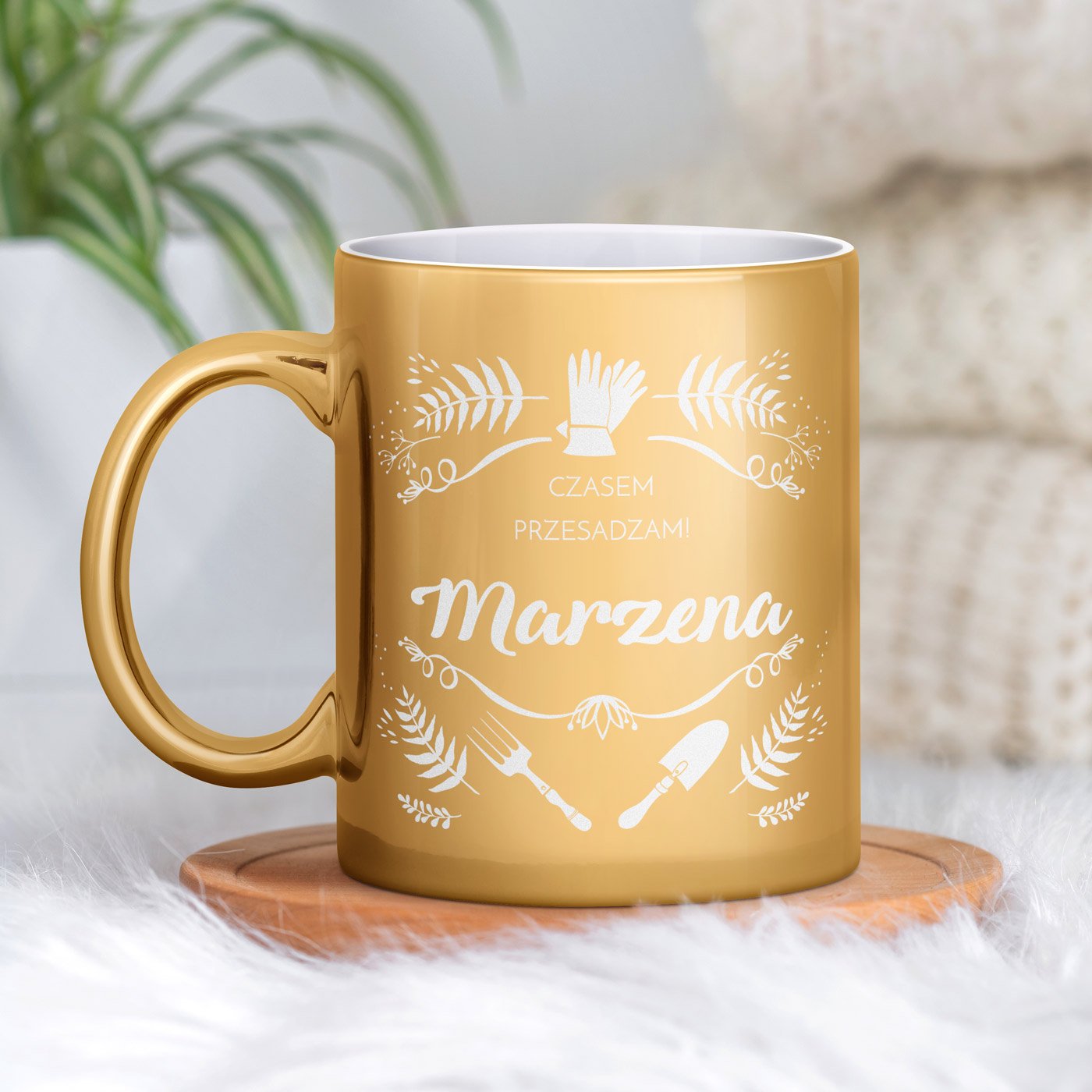 Kubek ceramiczny zoty z grawerem dla ogrodniczki na imieniny