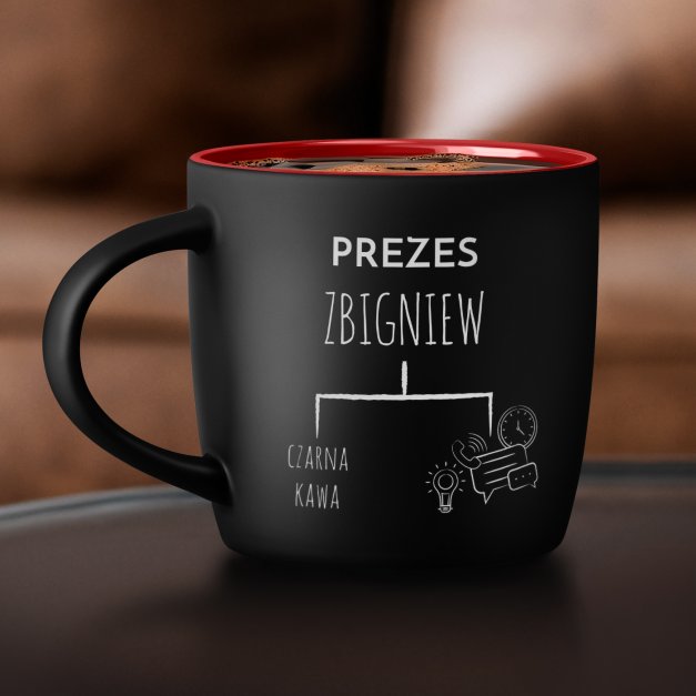 Kubek ceramiczny czarny środek czerwony z grawerem dla prezesa szefa na imieniny