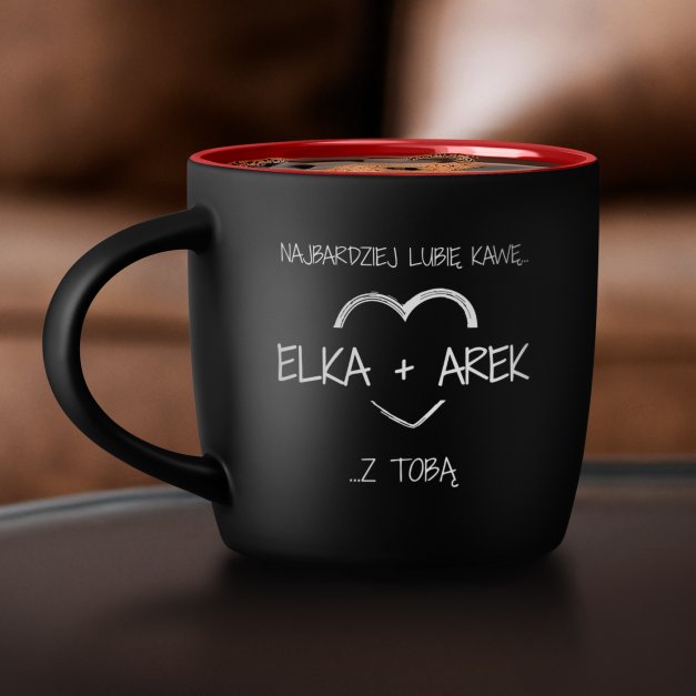 Kubek ceramiczny czarny środek czerwony z grawerem dla pary na ślub rocznicę parapetówkę walentynki