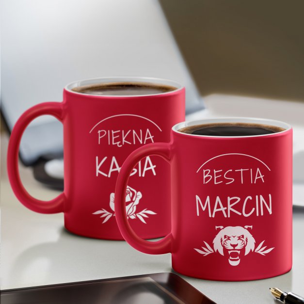 Kubki ceramiczne czerwone z białym środkiem x2 z grawerem dla pary na ślub rocznicę parapetówkę święta