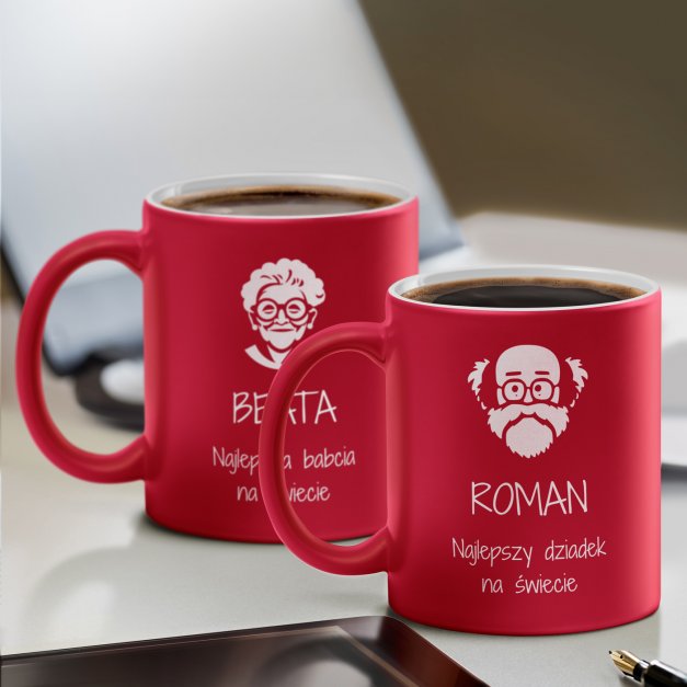 Kubki ceramiczne czerwone z białym środkiem x2 z grawerem dla dziadków na Dzień Babci Dzień Dziadka podziękowanie ślubne