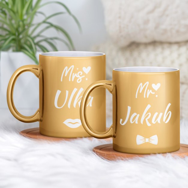 Kubki ceramiczne złote x2 z grawerem dla pary na ślub rocznicę parapetówkę