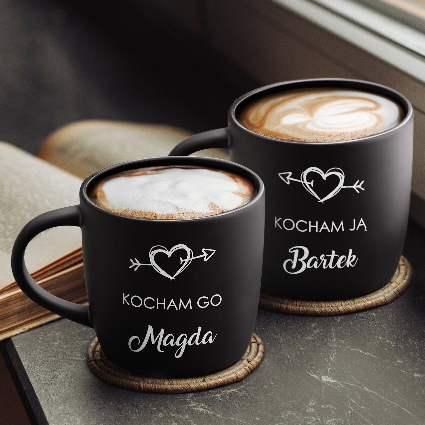 Kubki ceramiczne czarne x2 z grawerem dla pary na lub rocznic walentynki
