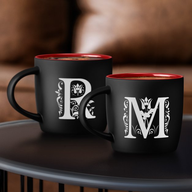 Kubki ceramiczne czarne z czerwonym środkiem x2 z grawerem dla pary na ślub rocznicę parapetówkę