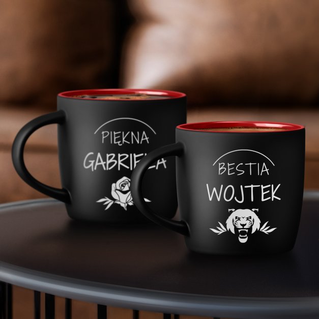 Kubki ceramiczne czarne z czerwonym środkiem x2 z grawerem dla pary