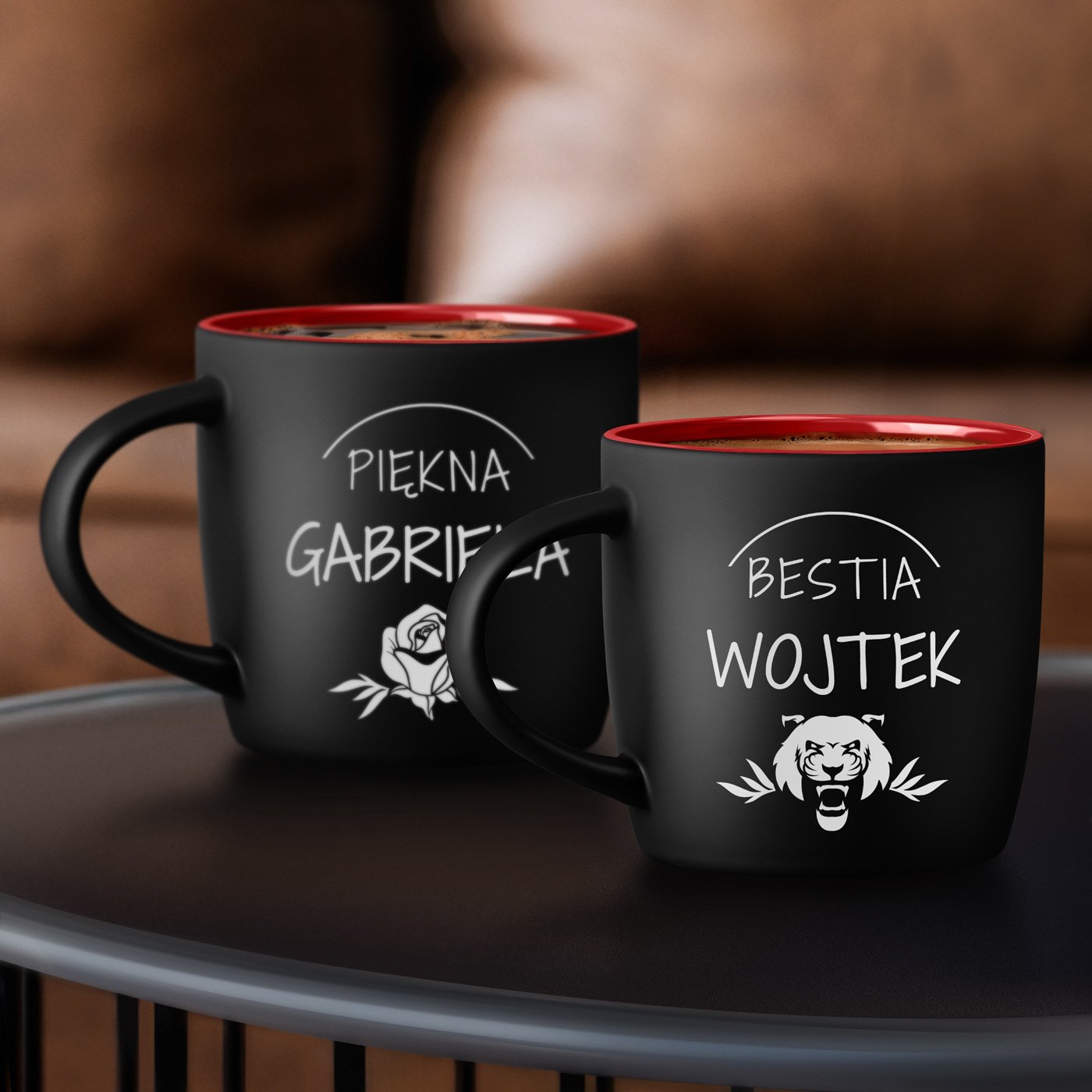 Kubki ceramiczne czarne z czerwonym rodkiem x2 z grawerem dla pary