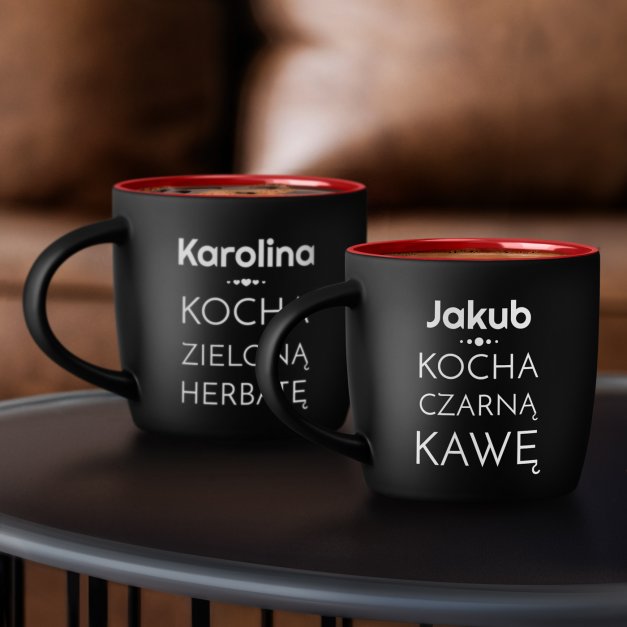Kubki ceramiczne czarne z czerwonym środkiem x2 z grawerem dla pary na ślub rocznicę parapetówkę