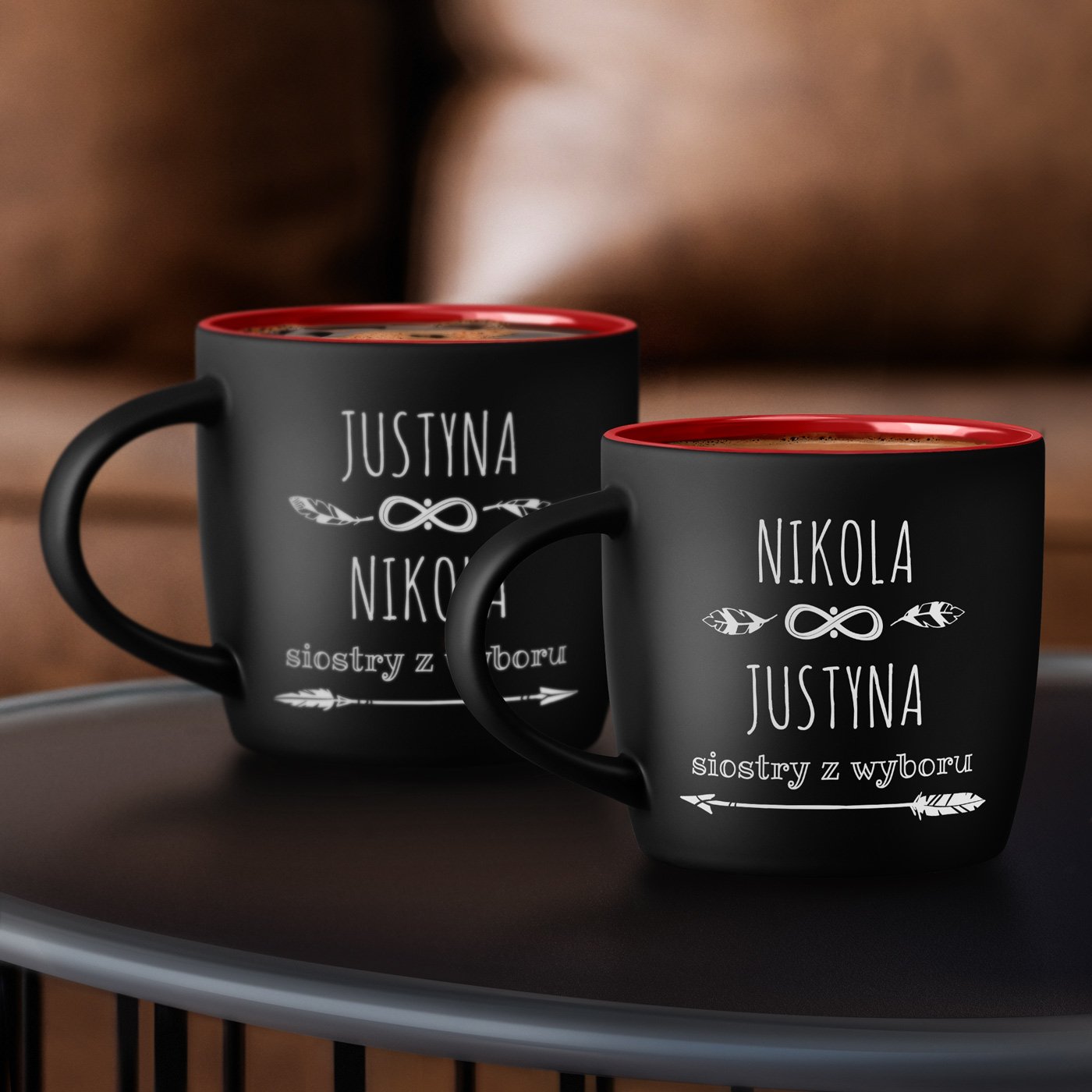 Kubki ceramiczne czarne z czerwonym rodkiem x2 z grawerem dla przyjaciki siostry
