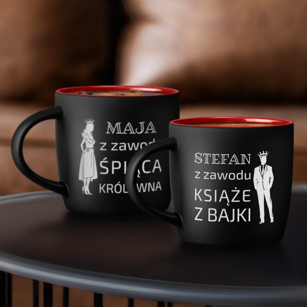Kubki ceramiczne czarne z czerwonym środkiem x2 z grawerem dla pary na ślub rocznicę parapetówkę