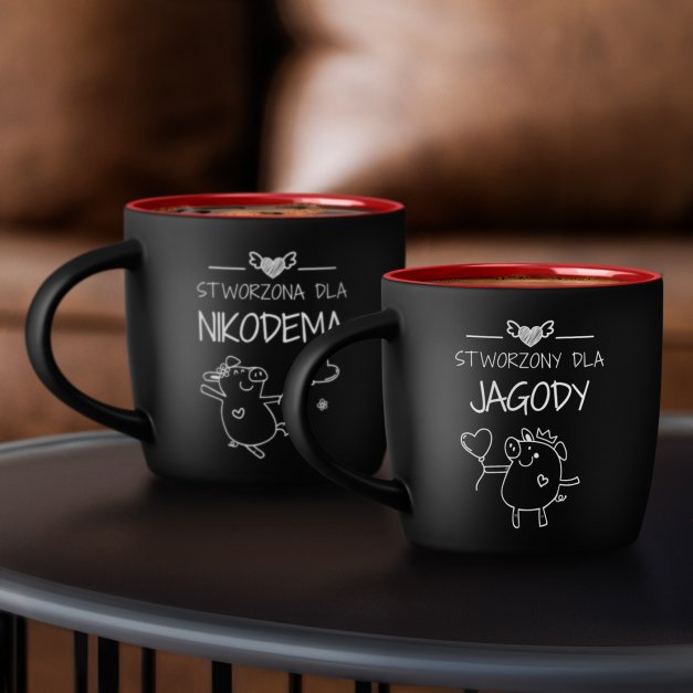 Kubki ceramiczne czarne z czerwonym środkiem x2 z grawerem dla pary na ślub rocznicę walentynki