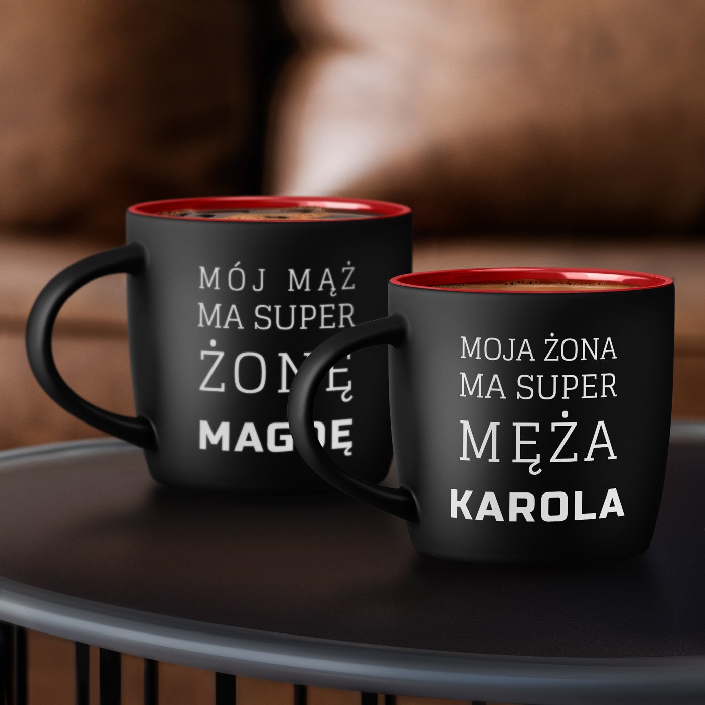 Kubki ceramiczne czarne z czerwonym rodkiem x2 z grawerem dla pary na lub rocznic parapetwk walentynki