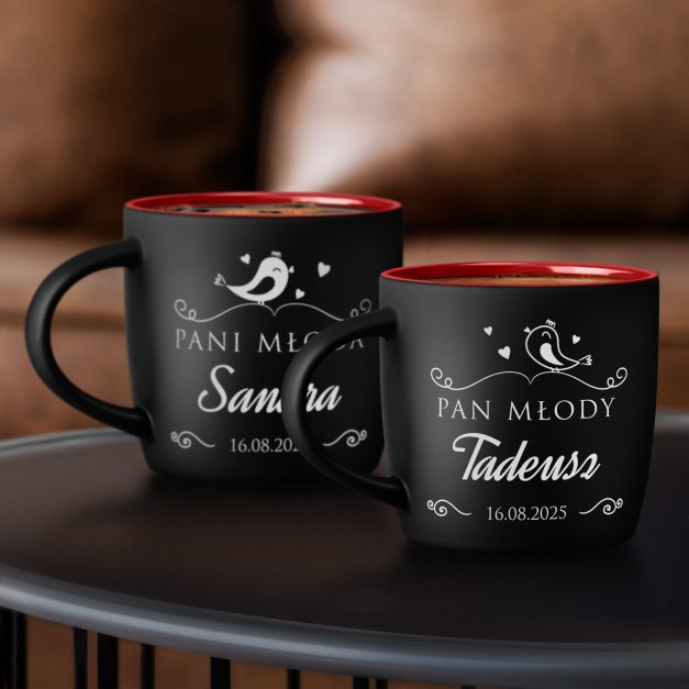 Kubki ceramiczne czarne z czerwonym środkiem x2 z grawerem dla pary  na ślub