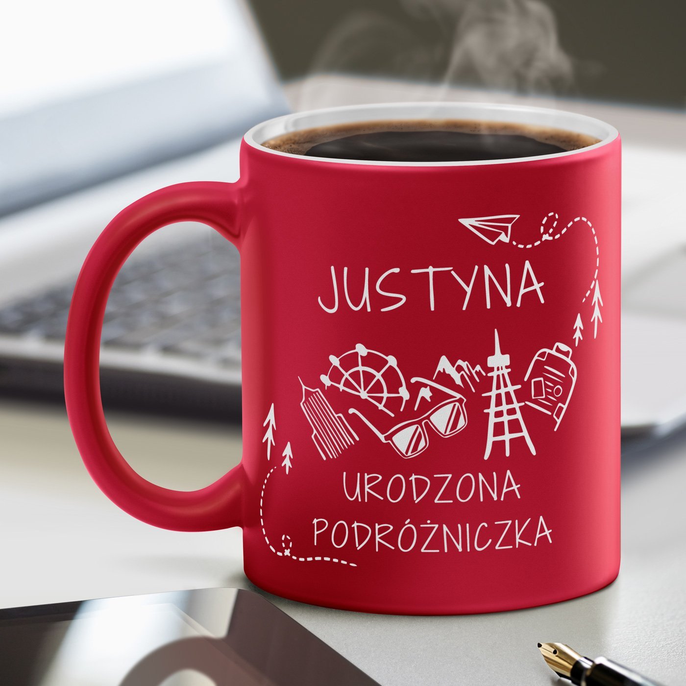 Kubek ceramiczny czerwony z biaym rodkiem z grawerem dla podrniczki na imieniny