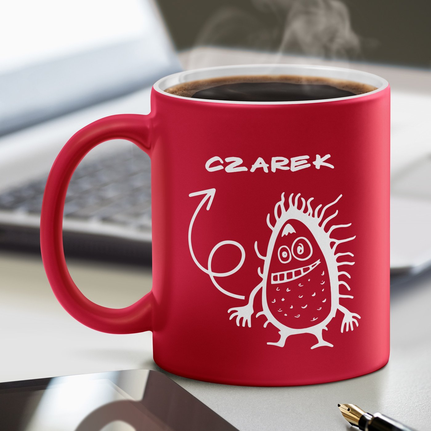 Kubek ceramiczny czerwony z biaym rodkiem z grawerem dla niego chopca na imieniny