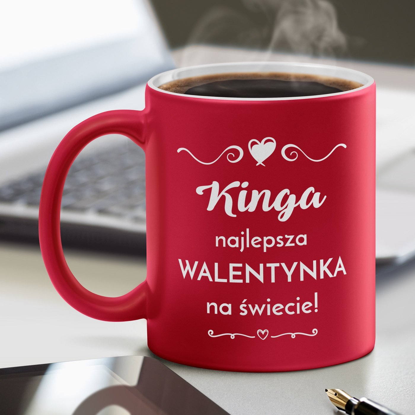 Kubek ceramiczny czerwony z biaym rodkiem z grawerem dla dziewczyny ony na walentynki
