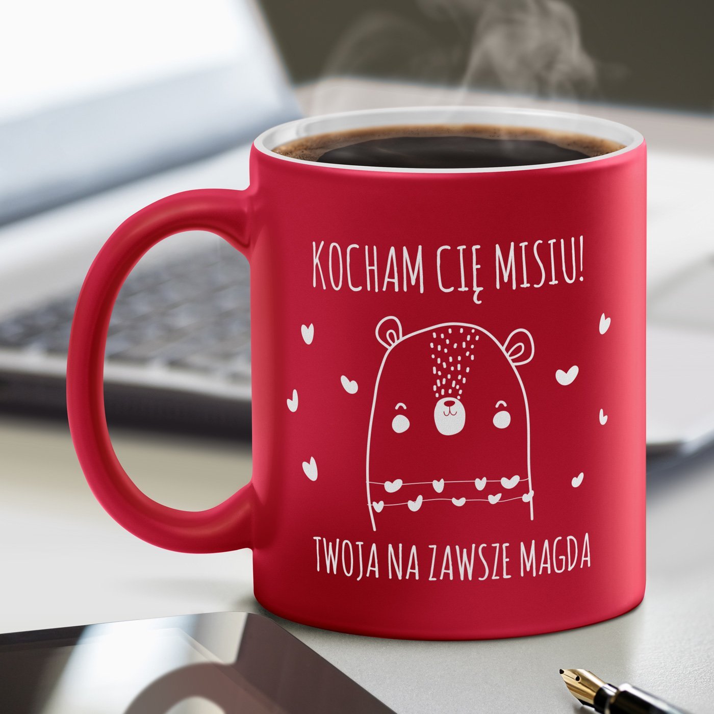 Kubek ceramiczny czerwony z biaym rodkiem z grawerem dla chopaka ma na imieniny walentynki rocznic