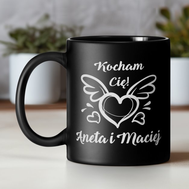 Kubek ceramiczny czarny matowy z grawerem dla pary chłopaka dziewczyny na walentynki rocznicę ślubu