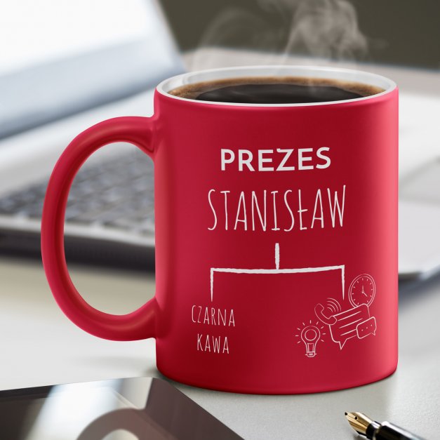 Kubek ceramiczny czerwony z białym środkiem z grawerem dla prezesa szefa na imieniny dla prezesa