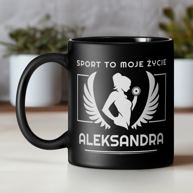 Kubek ceramiczny czarny matowy z grawerem dla kulturystki fitnesski sportowca trenerki na imieniny