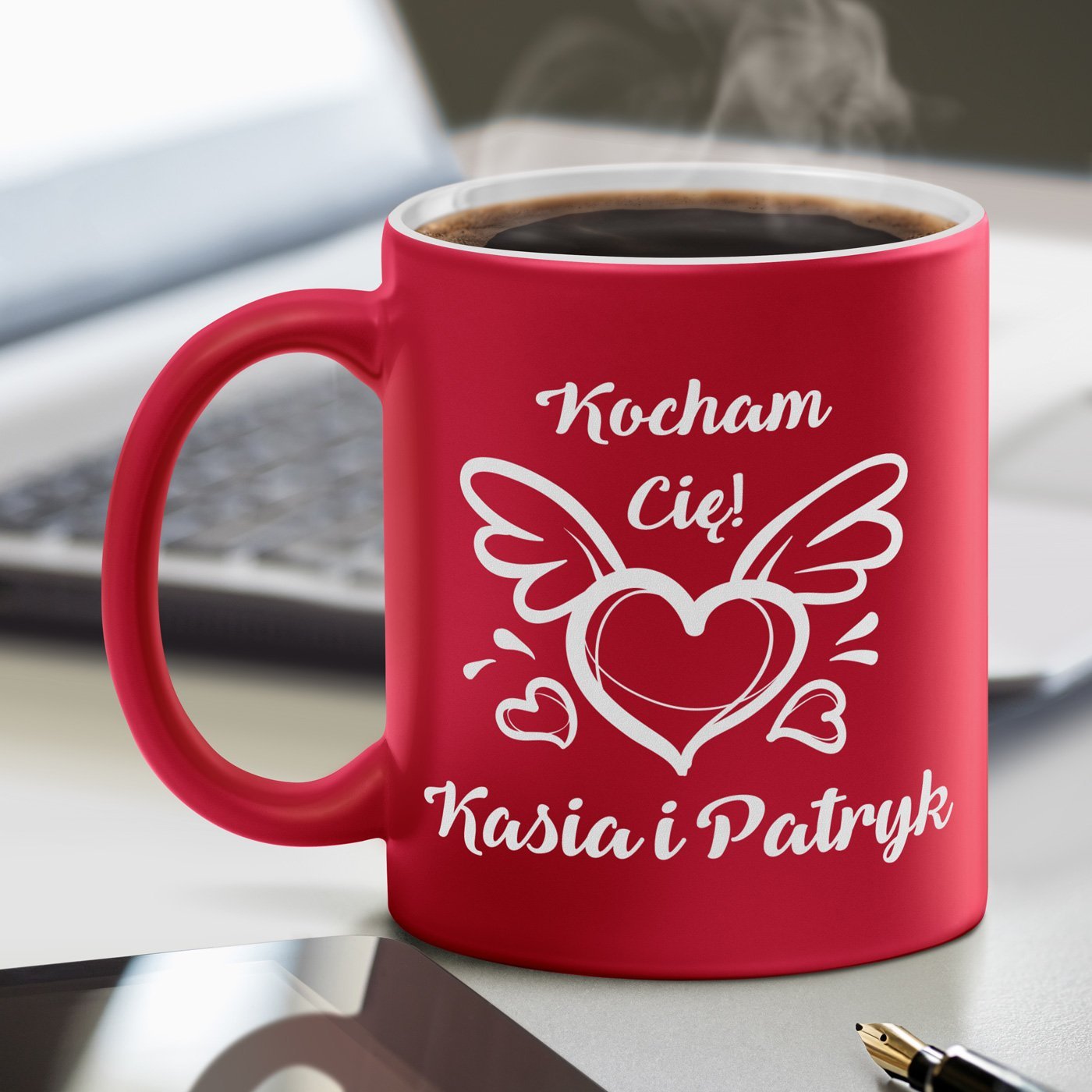 Kubek ceramiczny czerwony z biaym rodkiem z grawerem dla pary dziewczyny chopaka ma ony na walentynki lub rocznic