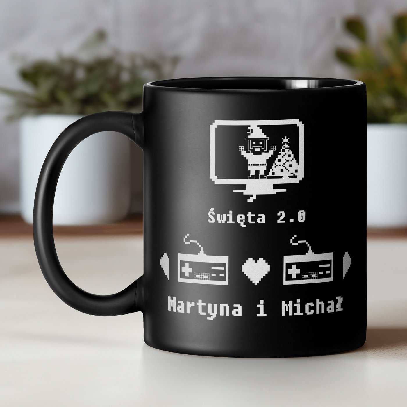 Kubek ceramiczny czarny matowy z grawerem dla pary na wita