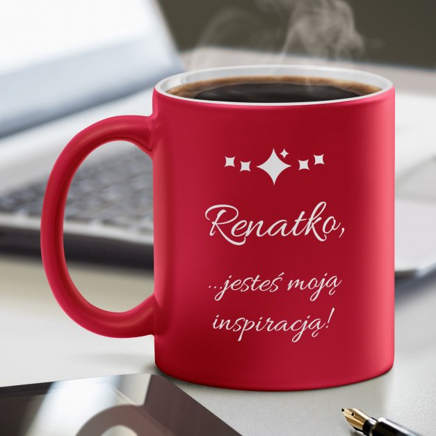 Kubek ceramiczny czerwony z białym środkiem z grawerem dla niej na imieniny