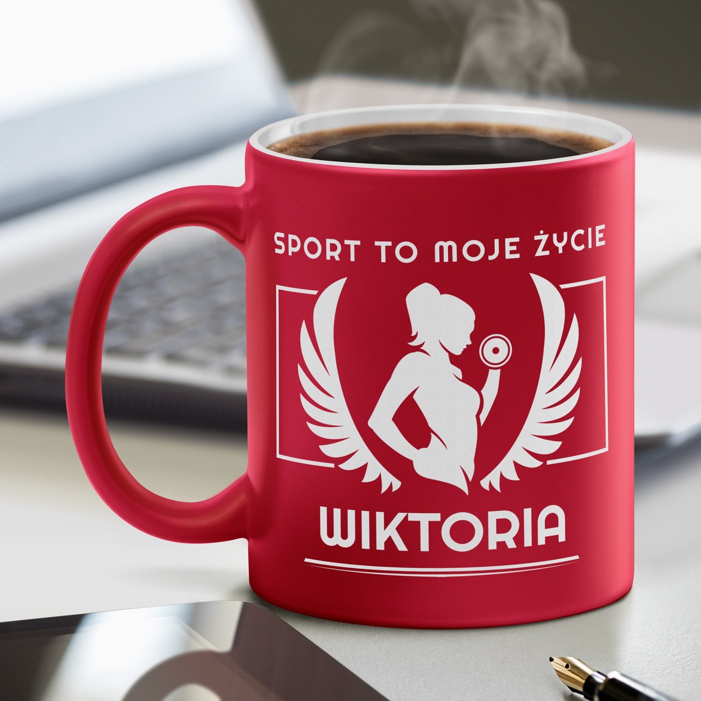Kubek ceramiczny czerwony z biaym rodkiem z grawerem dla niej sportowca fitnesski kulturystki na imieniny