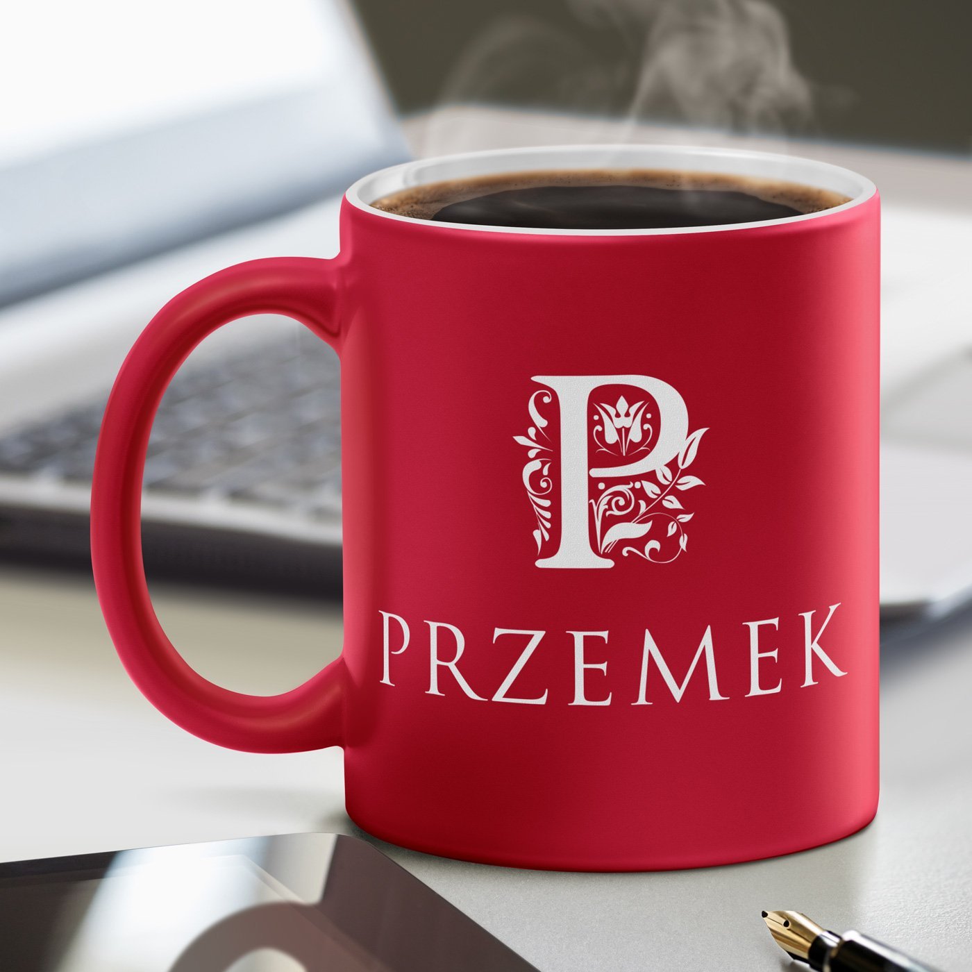 Kubek ceramiczny czerwony z biaym rodkiem z grawerem dla gentlemana na imieniny