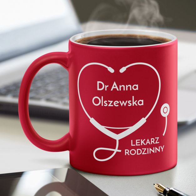 Kubek ceramiczny czerwony z białym środkiem z grawerem dla lekarki