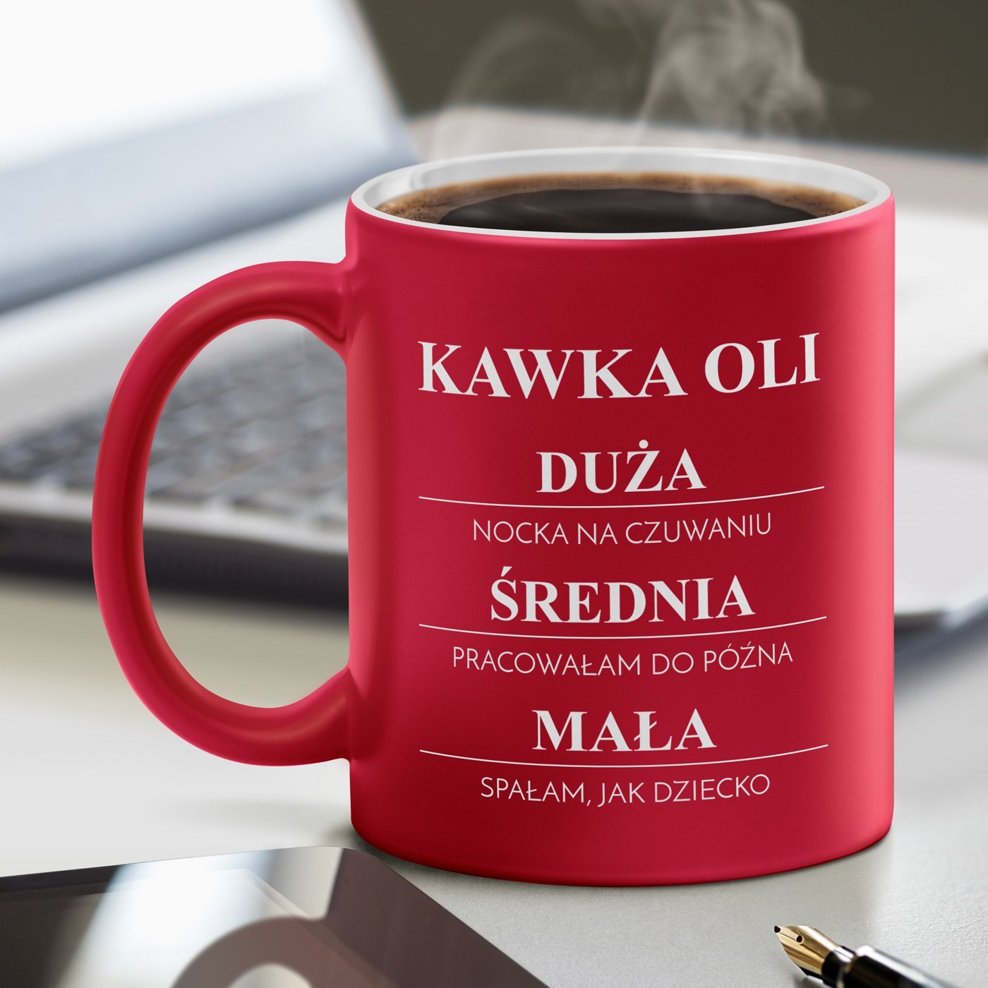 Kubek ceramiczny czerwony z biaym rodkiem z grawerem dla niej na imieniny