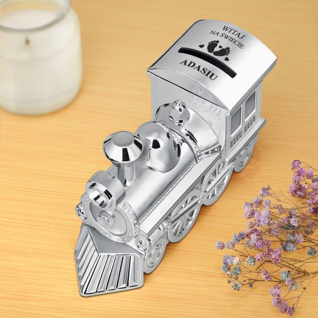 Skarbonka posrebrzana lokomotywa pociąg z grawerem dla chłopca z okazji narodzin