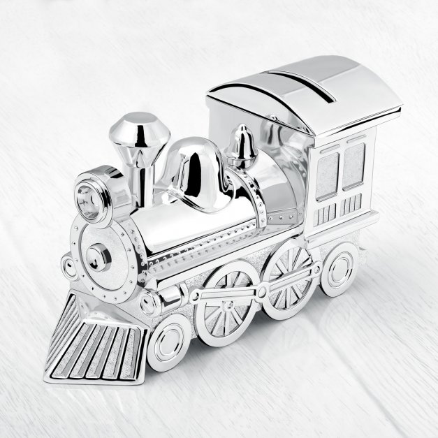 Skarbonka posrebrzana lokomotywa pociąg z grawerem dla chłopca na roczek