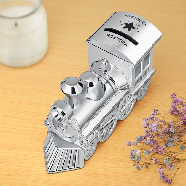 Skarbonka posrebrzana lokomotywa pociąg z grawerem dla dziecka dla chłopca na imieniny