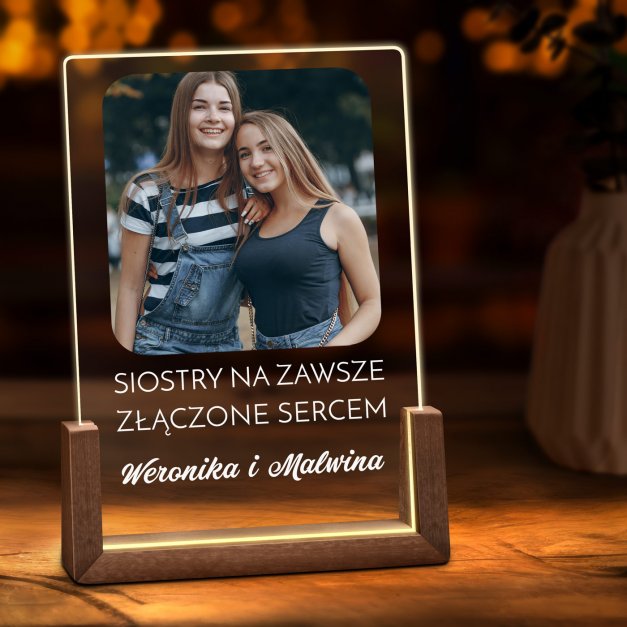 Lampka LED L z nadrukiem na szkle akrylowym dla siostry przyjaciółki bliźniaczki