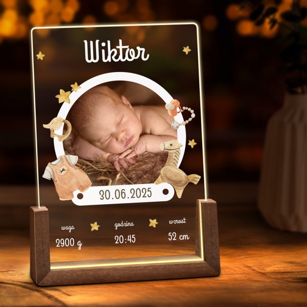 Lampka LED L z nadrukiem na szkle akrylowym dla chłopca z okazji narodzin chrzcin