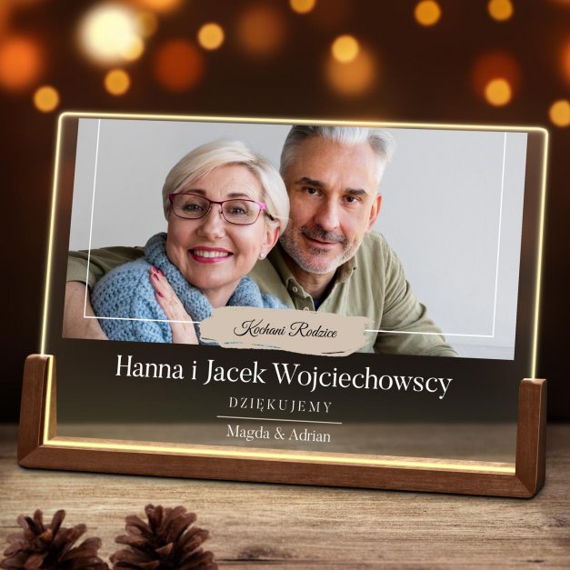 Lampka LED pozioma z nadrukiem na szkle akrylowym dla rodziców jako podziękowanie ślubne