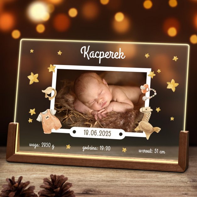 Lampka LED pozioma z nadrukiem na szkle akrylowym dla chłopca z okazji narodzin chrzcin imienin