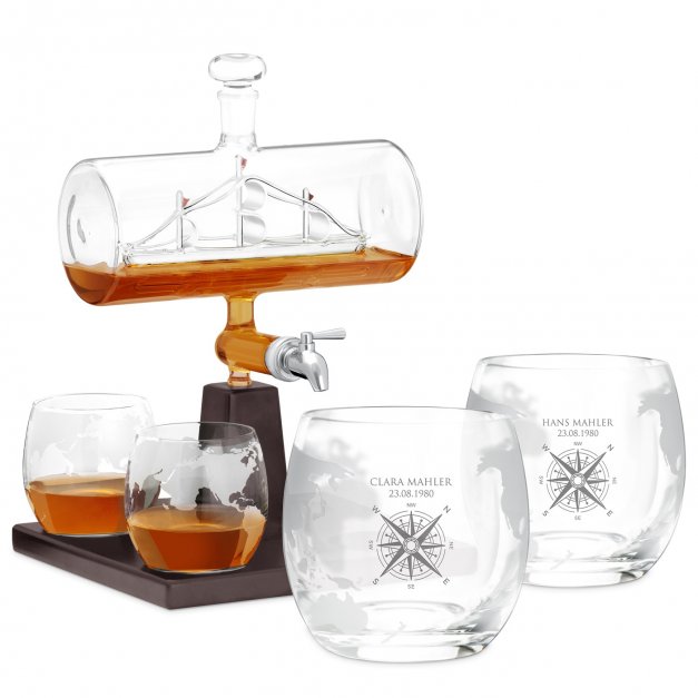 Zestaw do whisky karafka statek szklanki x4 grawer dla pary podróżników