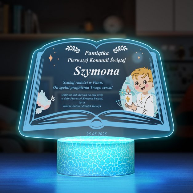 Lampka LED L 3D z nadrukiem na szkle akrylowym dla chłopca na komunię