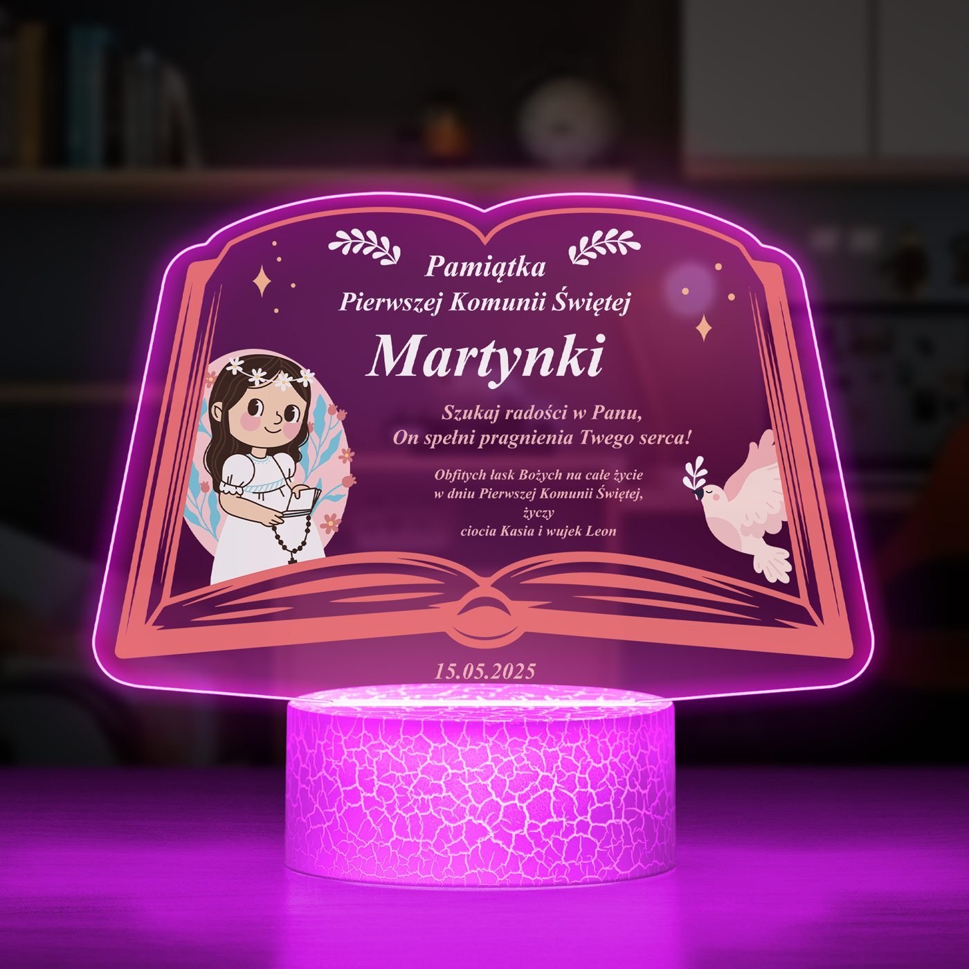 Lampka LED L 3D z nadrukiem na szkle akrylowym dla dziewczynki na komuni